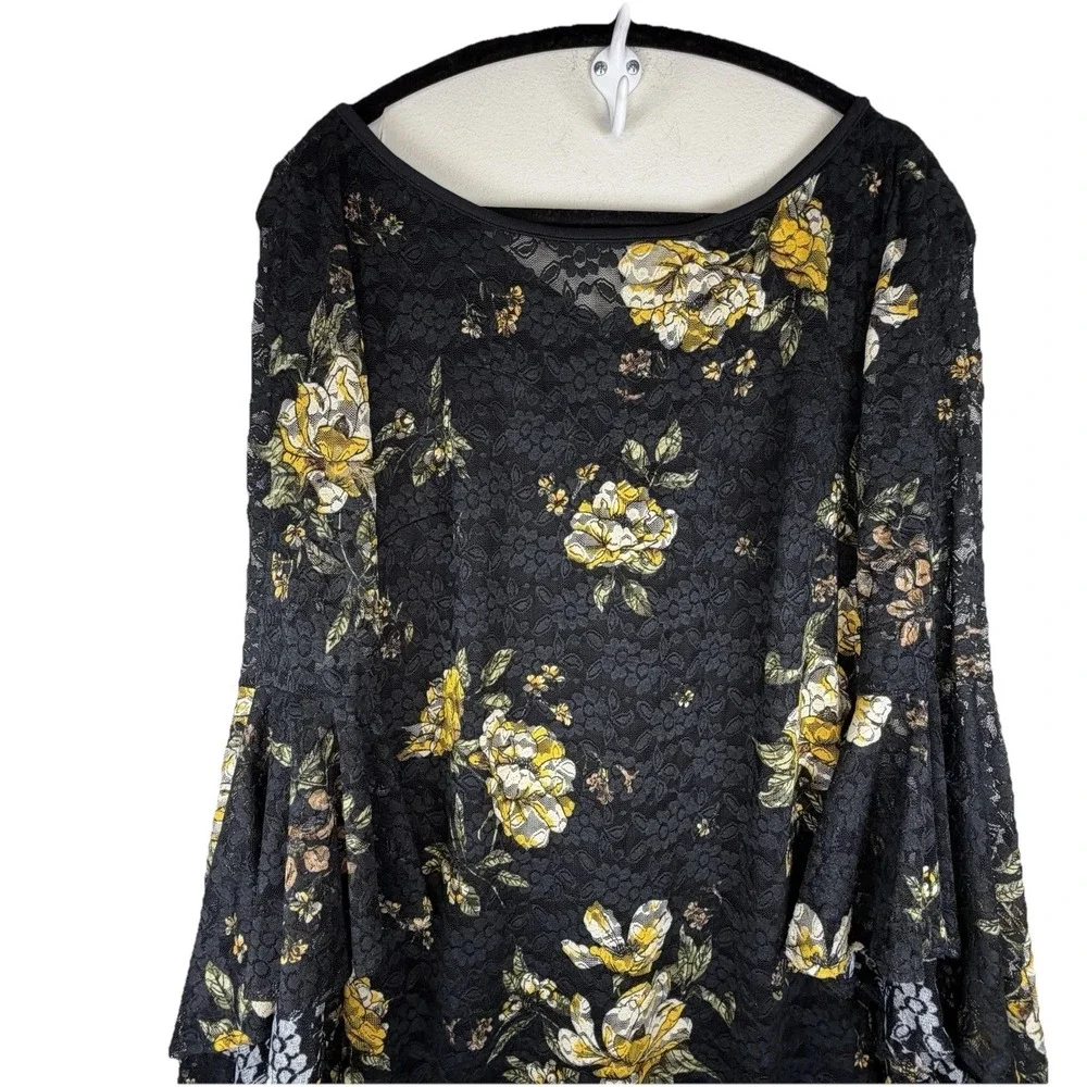 VFSHOW Women's Large Mesh Floral Dress Black Yellow Bell Sleeve Midi Career‎